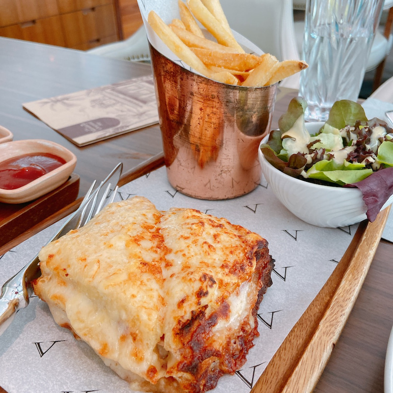 Croque monsieur. Ham sits inside and the outside is cheese. The Verandah - Riverside restaurant at Mandarin Oriental Bangkok